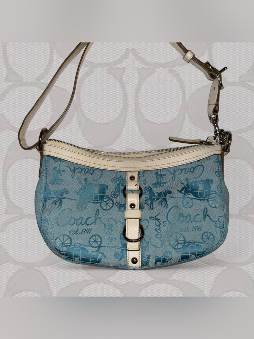 Coach Blue Canvas Shoulder Bag with Cream Trim